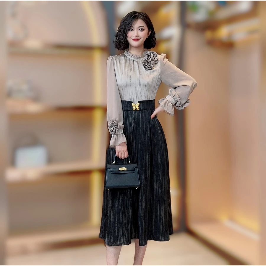 【香舍菲尔】85253-新款法式收腰遮肉小众轻奢连衣裙