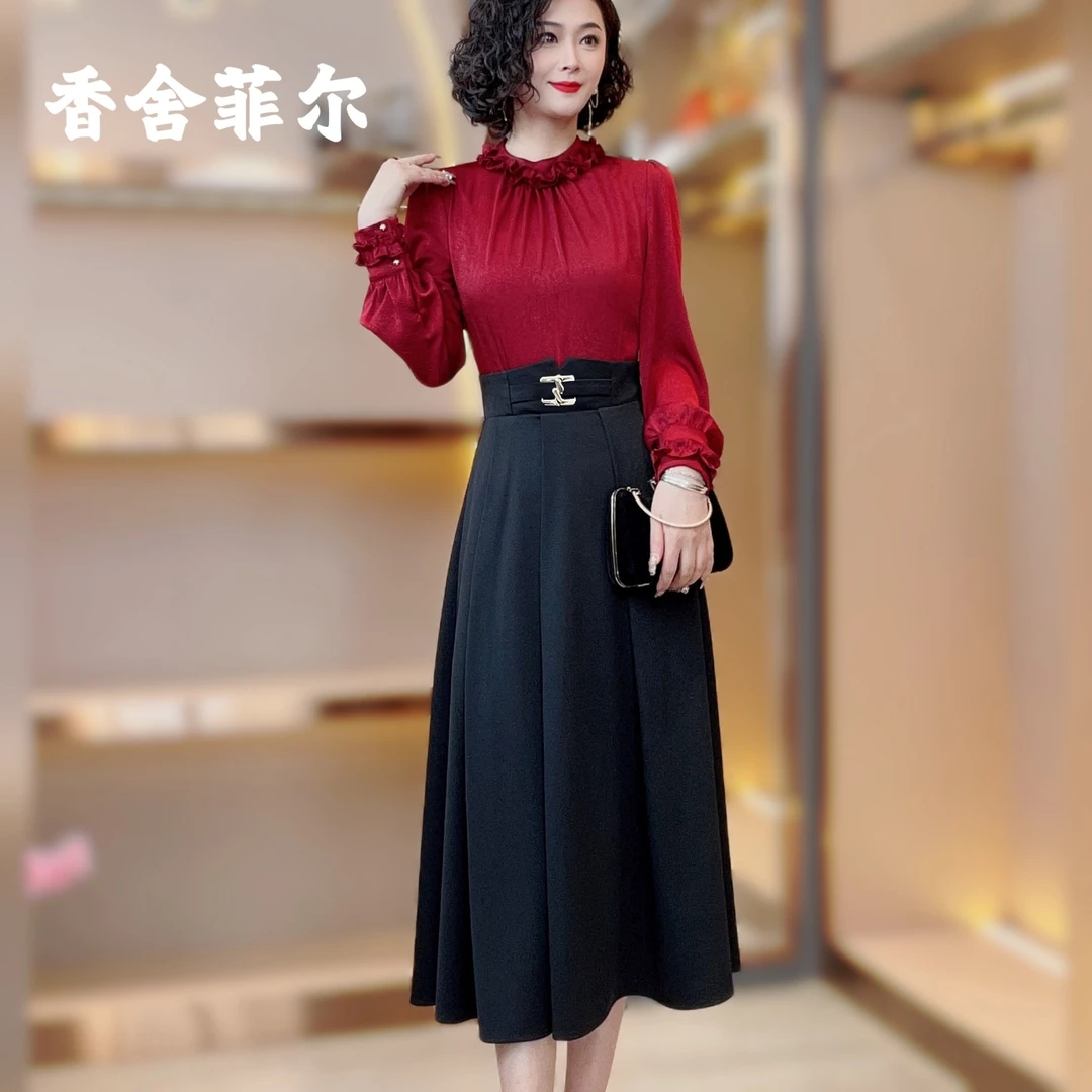 【香舍菲尔】82898新款气质修身法式撞色收腰设计感拼接显瘦连衣裙