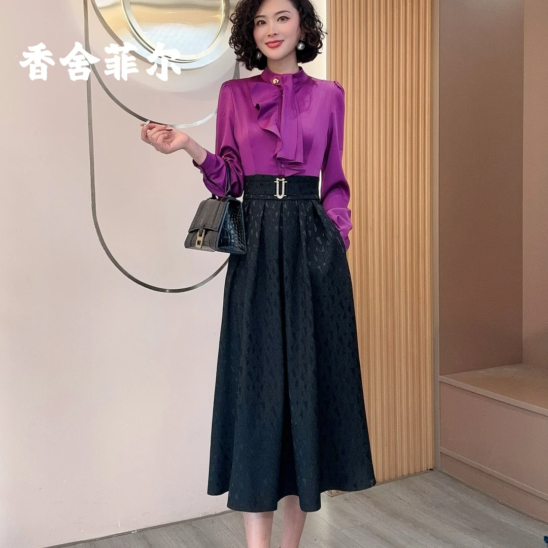 【香舍菲尔】82661-新款设计感时尚气质修身拼接法式收腰轻奢连衣裙