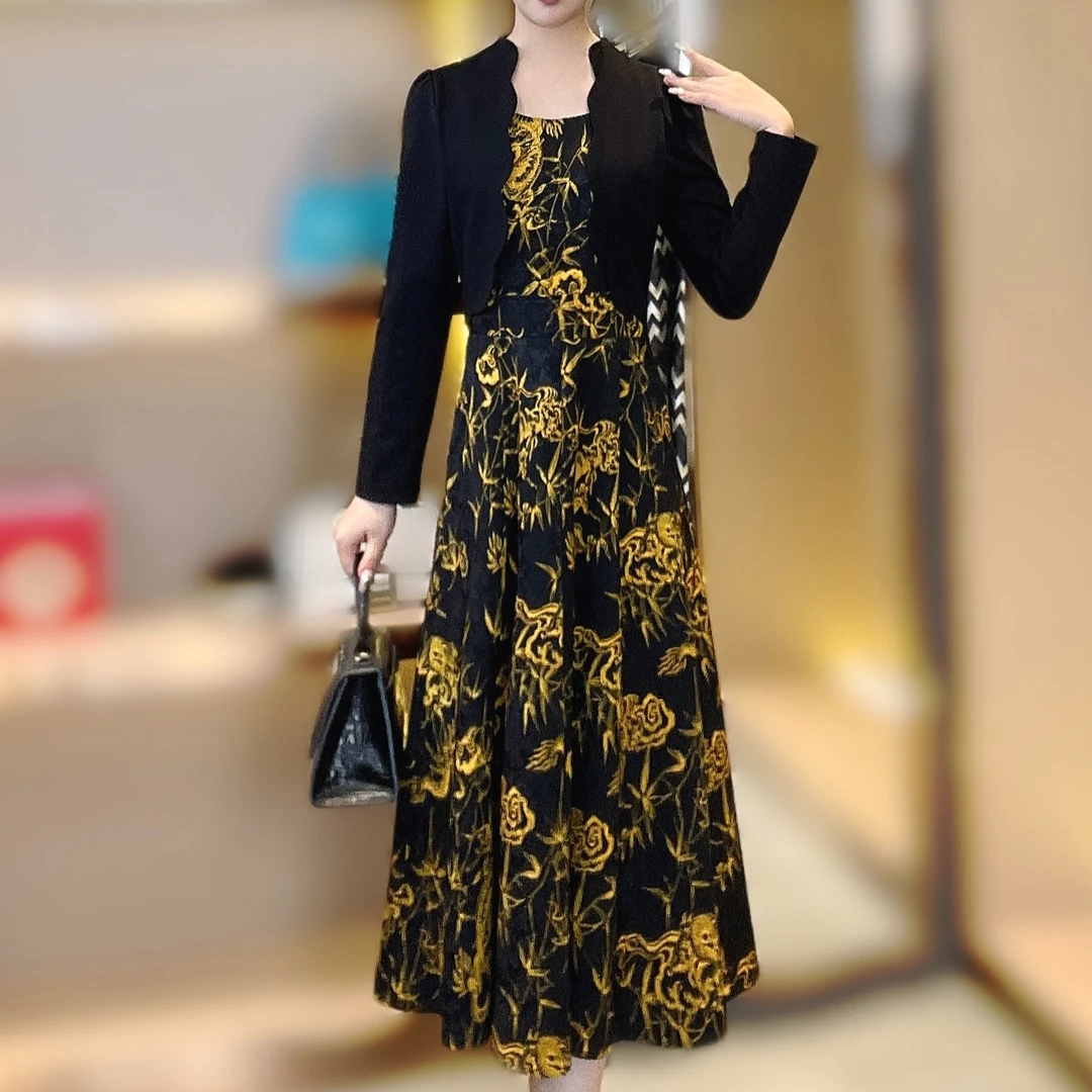 【香舍菲尔】 82588气质高贵龙纹印花假两件秋冬新款印花轻奢连衣裙