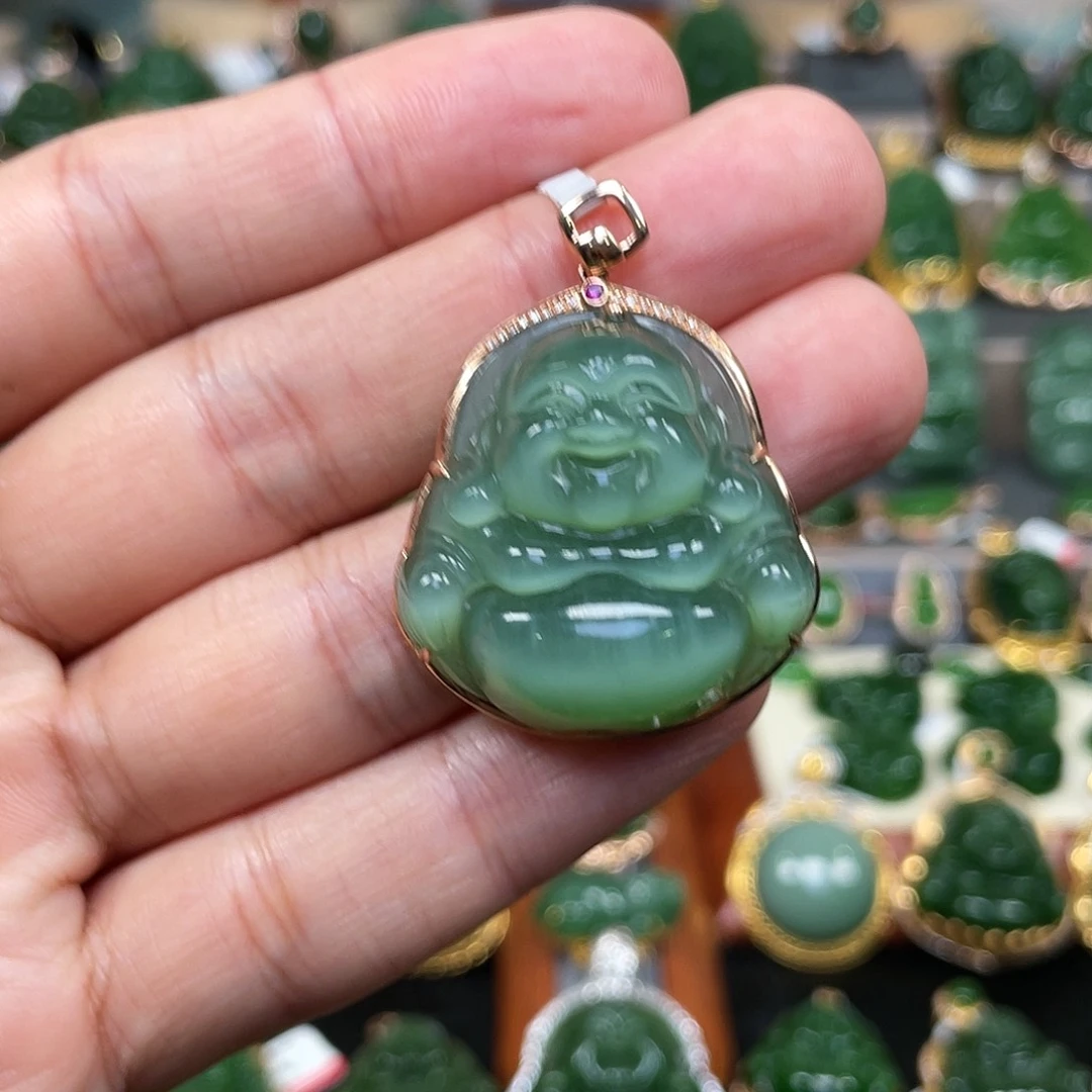 和田玉（碧玉）颈饰18K金镶嵌佛公30mm