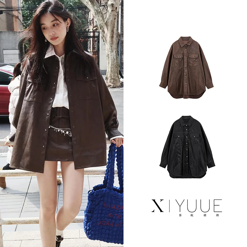 MS003秋季新品美拉德街头风廓形皮衣外套女休闲百搭夹克上衣003