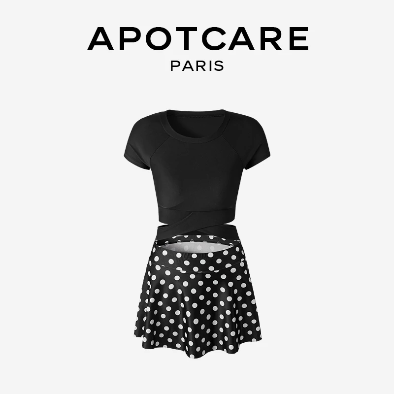 法国 APOTCARE 泳衣女保守分体平角游泳衣显瘦遮肚短袖运动大码