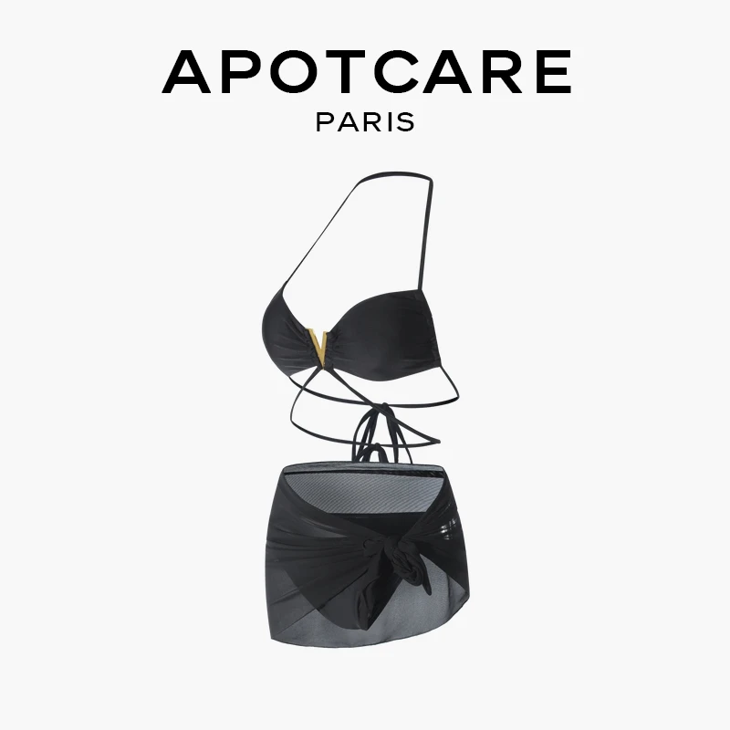 法国 APOTCARE 泳衣女纯欲网红V扣性感欧美黑色分体比基尼三件套