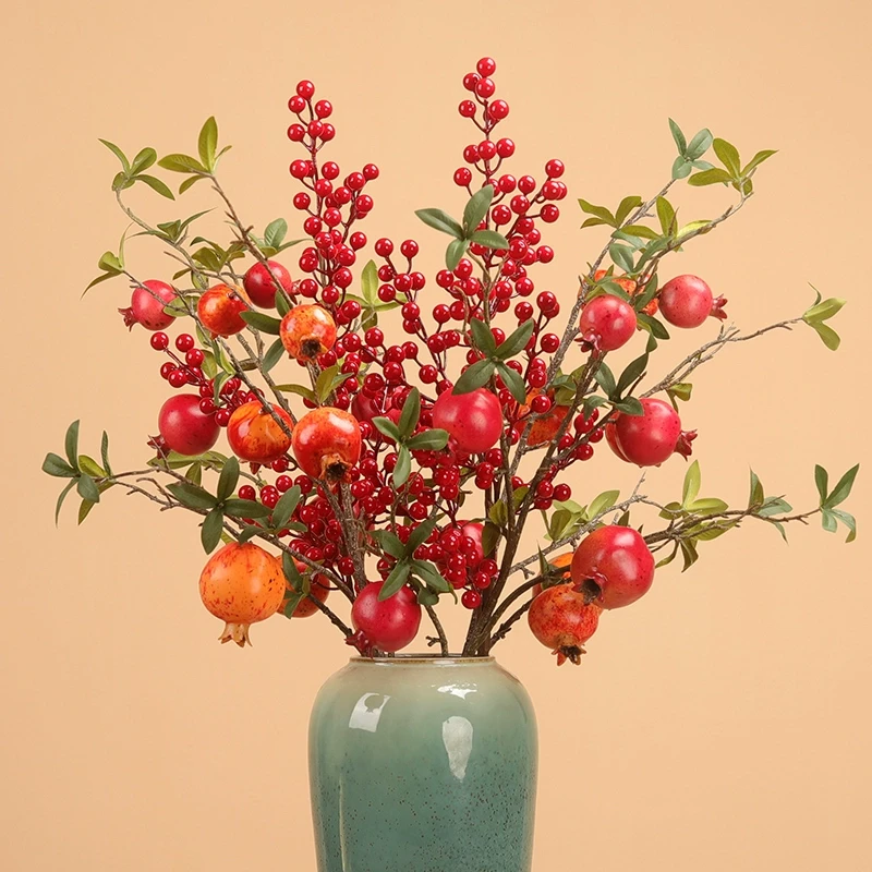 中国风仿真石榴果摆件大果实红枣水果树枝假花客厅装饰玄关插花枝