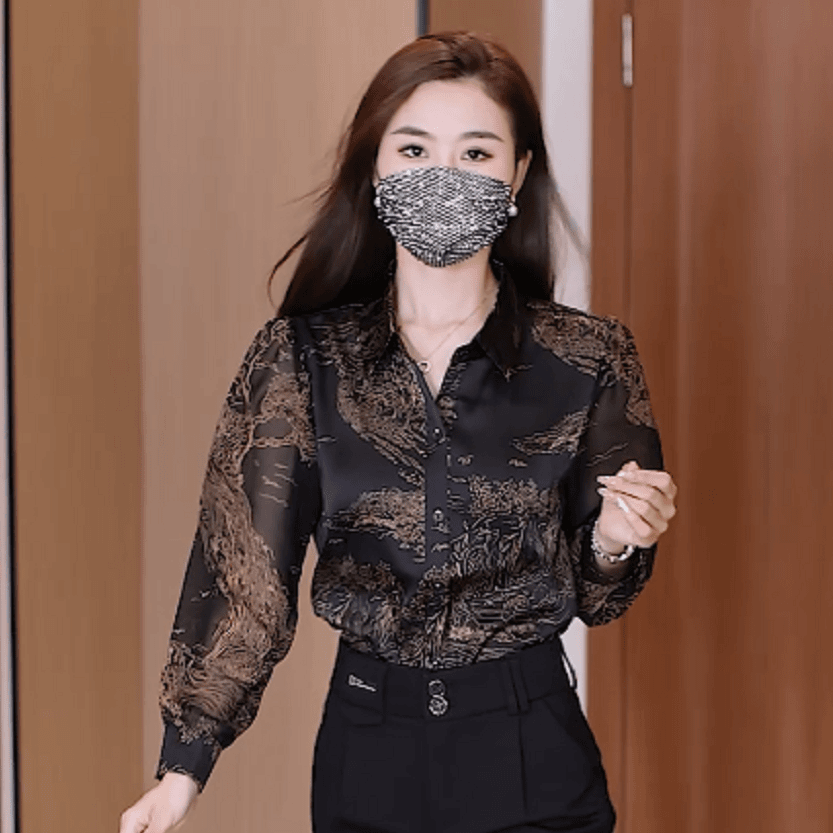 早秋衬衫女2023秋季新款时尚显瘦长袖小衫洋气印花衬衣LFE5388