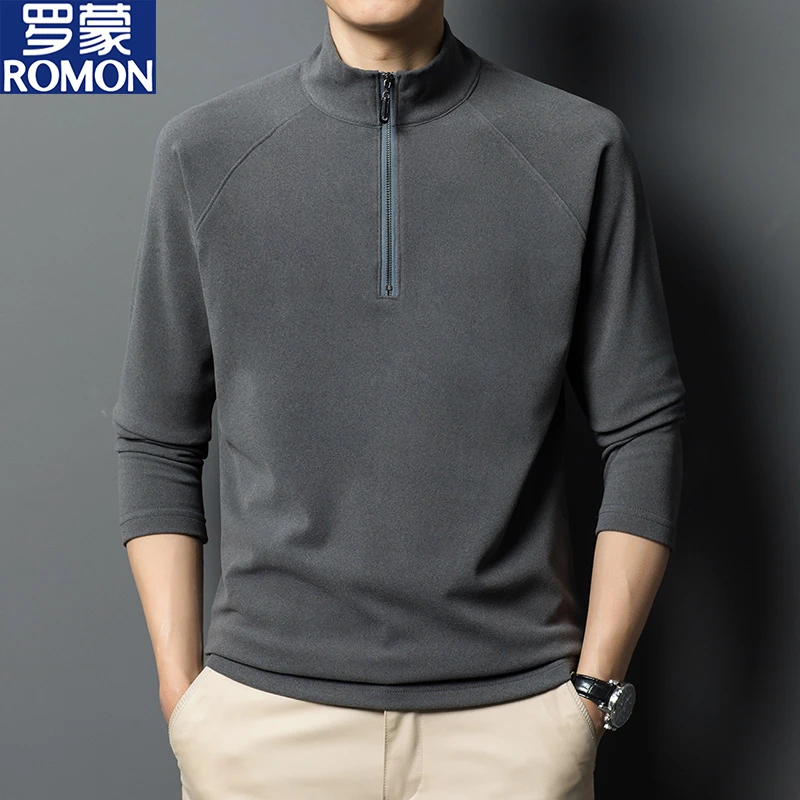 罗蒙春秋季男士长袖t恤高档德绒纯色卫衣男装半高领拉链打底衫T恤