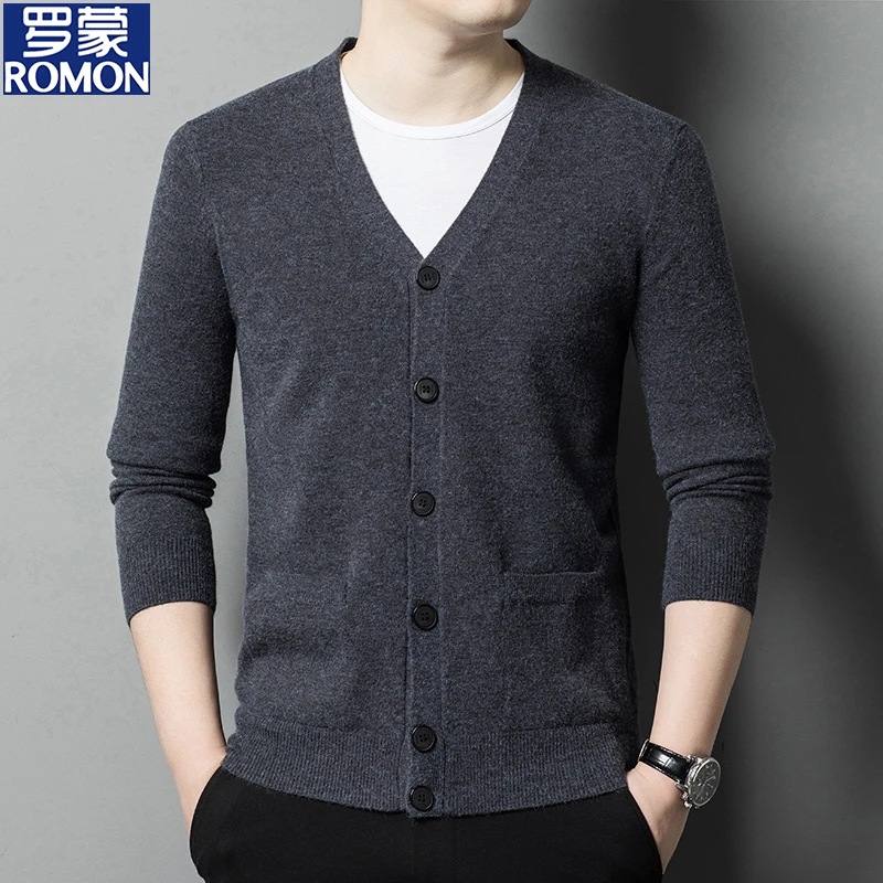罗蒙绵羊毛长袖开衫男士鸡心领毛衣休闲纯色宽松爸爸装针织衫外套