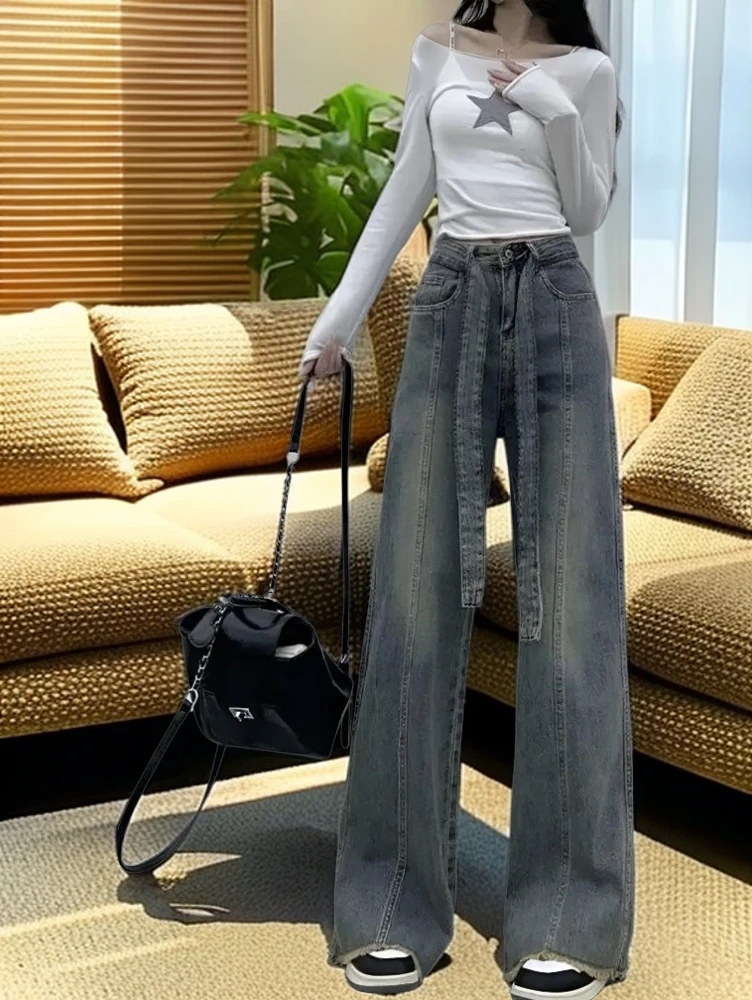 复古高腰阔腿牛仔裤女新款宽松显瘦垂感美式毛边直筒拖地裤子垂感