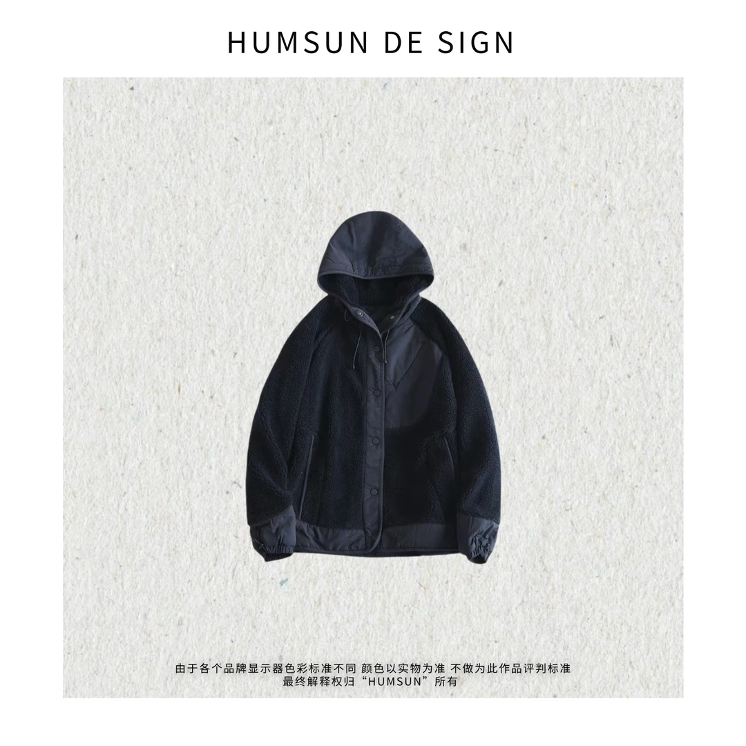 HUMSUN/禾木笙「首尔初冬」重磅拼接颗粒绒连帽廓形棉服外套 24E380