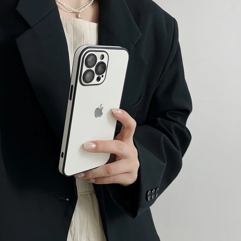 港风素皮皮质手机壳带镜头膜适用苹果16Promax简约保护壳15/14/13