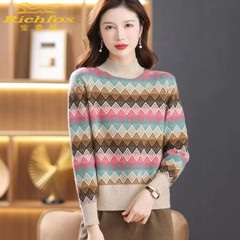 啄木鸟半高领提花条纹短款毛衣女秋冬2023新款洋气内搭针织打底