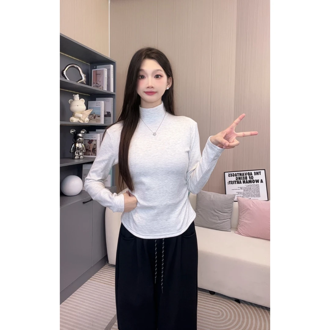 2024秋冬加绒皱褶打底衫女半高领内搭修身显瘦长袖T恤保暖上衣女