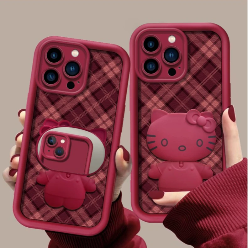 适用苹果华为vivo小米oppo秋冬新款小羊皮布纹猫咪支架全包手机壳