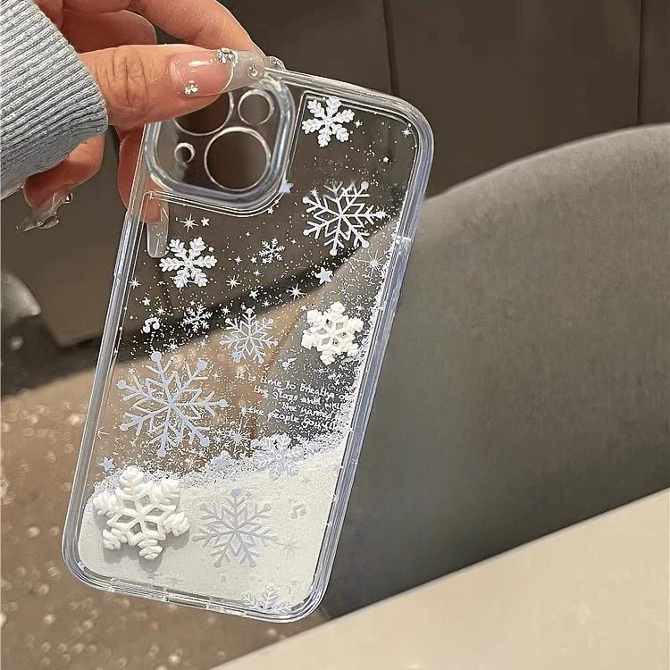 ins冬日雪花可流沙适用iphone16/15promax手机壳苹果14创意13全包