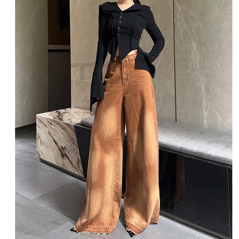 高级感棕色阔腿牛仔裤女春季新款高腰宽松垂感简约时尚拖地裤子潮