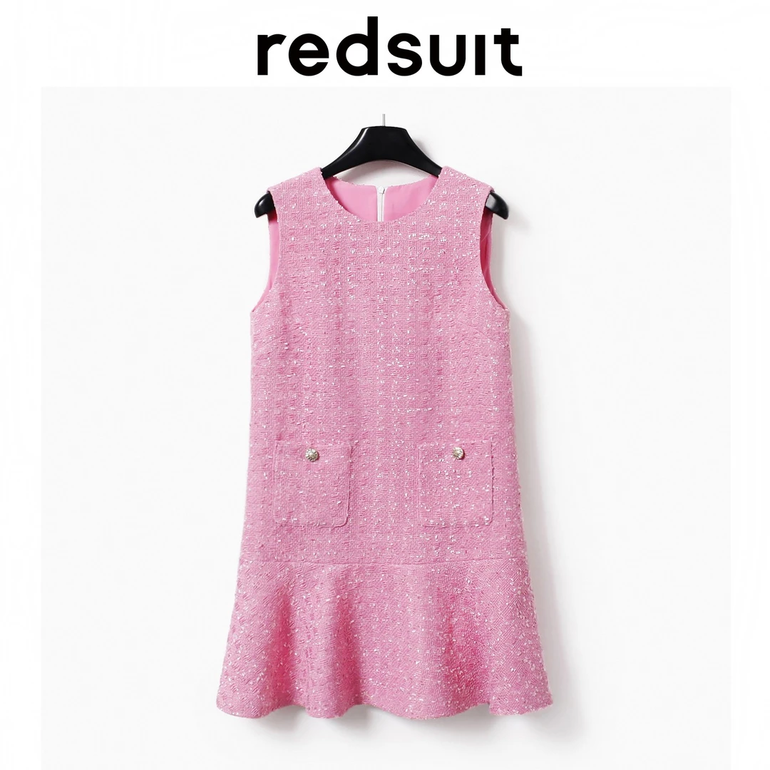 redsuit 小众设计款荷叶边小香风粉色甜美显瘦圆领百搭无袖连衣裙