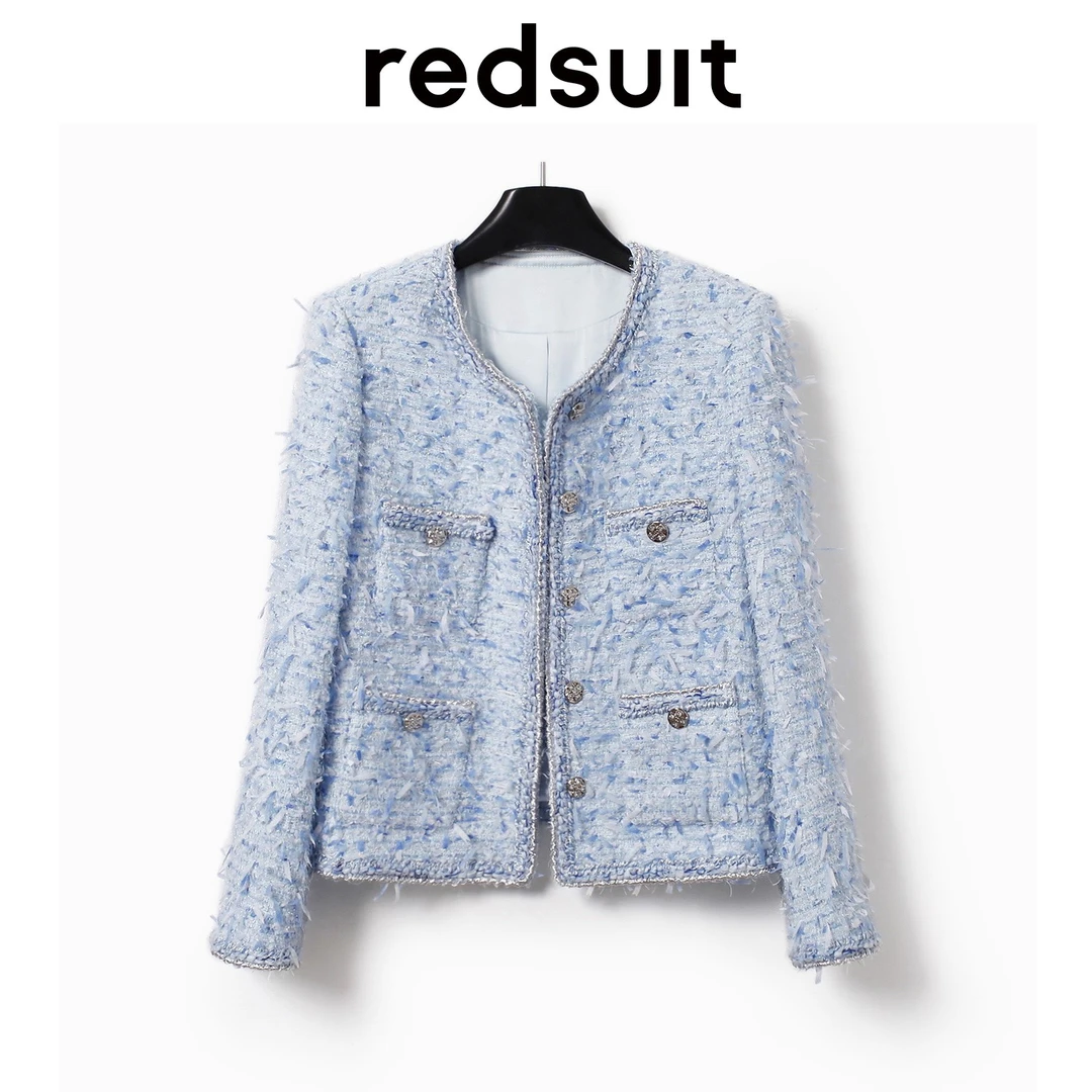 DLEEC梦幻之城~蓝色设计感粗花呢小香风外套法式优雅气质别致上衣