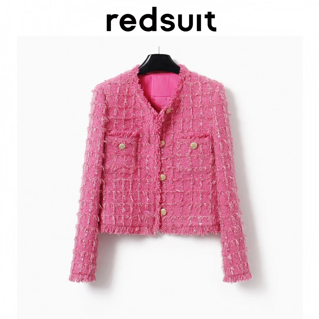redsuit   复古格纹粉色亮丝小香风短外套千金温柔风气质时尚上衣