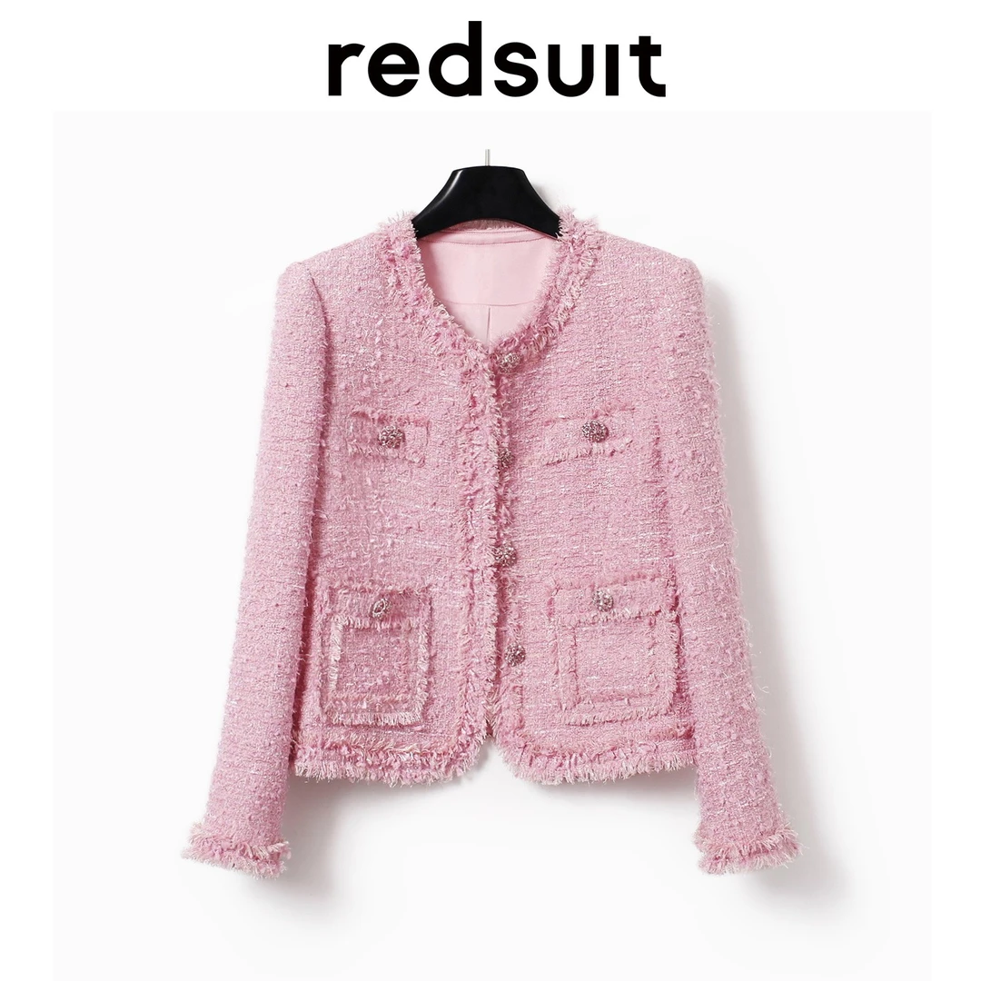 redsuit 粉色名媛温柔风流苏边粗花呢小香风外套高级感圆领上衣