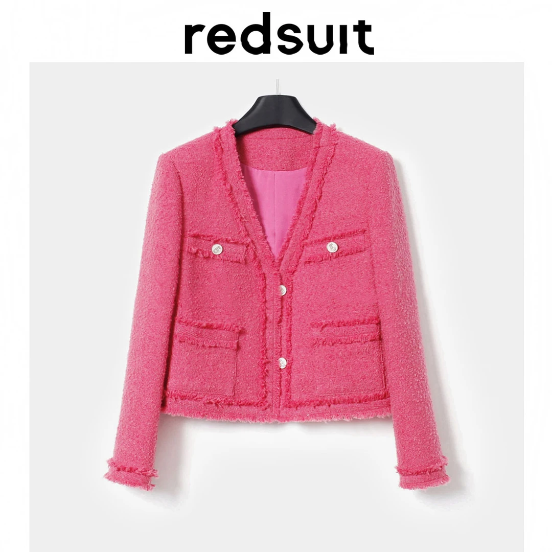 redsuit亮眼春秋冬V领流苏粗花呢显白小香风外套时尚玫红色短上衣