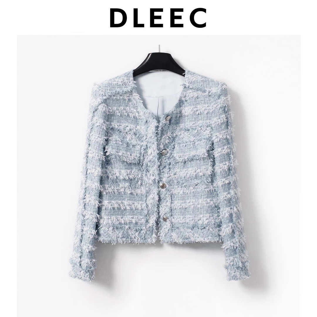 DLEEC 精美灵动花式纱线定制小香风蓝色外套设计感时尚时髦上衣
