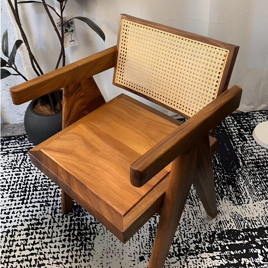 包邮  南美胡桃木昌迪加尔藤编靠背 实木坐板加粗加厚休闲椅单人