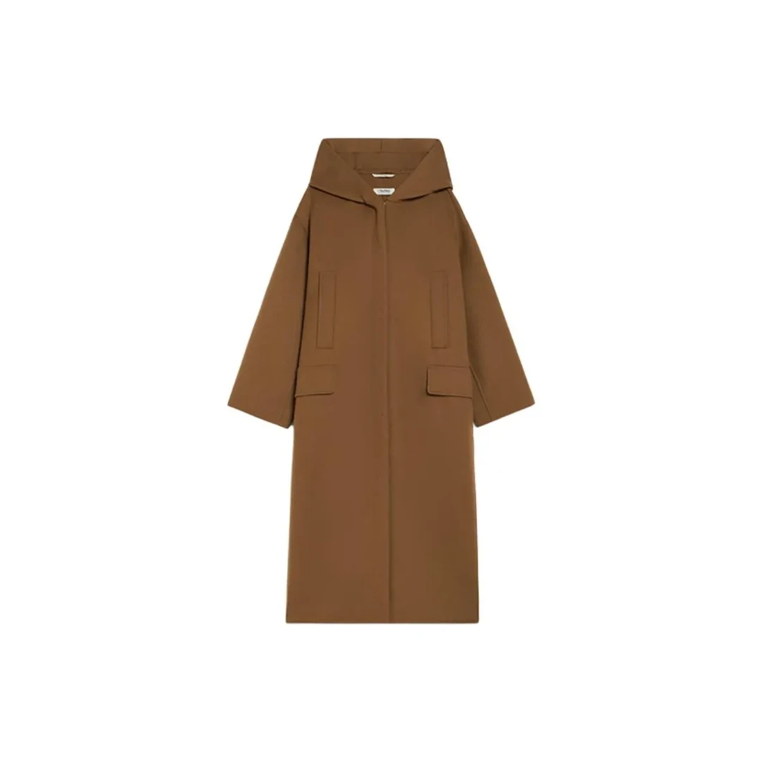 奢邦/MaxMara 纯色后开衩中长款连帽大衣 女款 驼色