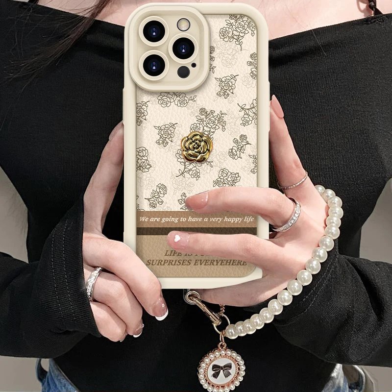 适用于苹果16素描玫瑰手机壳oppo华为vivo流行小羊皮松弛感网红女