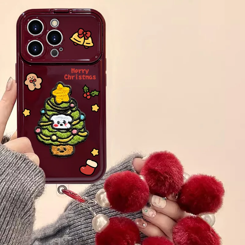 适用于苹果16卡通圣诞树小狗手机壳女款oppo华为vivo翻盖镜子可爱