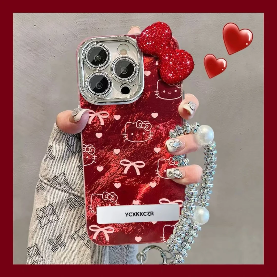 适用于苹果16红色猫咪手机壳oppo华为vivo冰川纹新款可爱网红女款