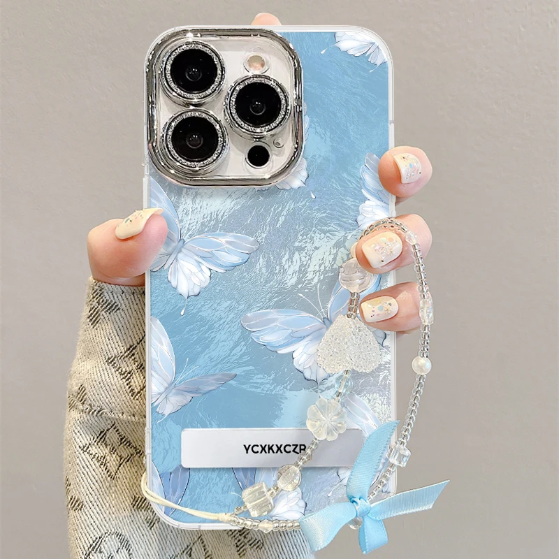网红蓝蝴蝶手机壳适用于苹果16/OPPO华为VIVO流行ins风冰川纹女款