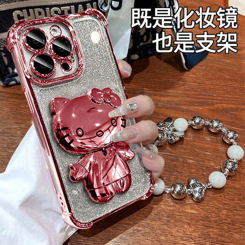 适用于苹果16手机壳粉色猫咪镜子支架华为/oppo/vivo电镀防摔可爱