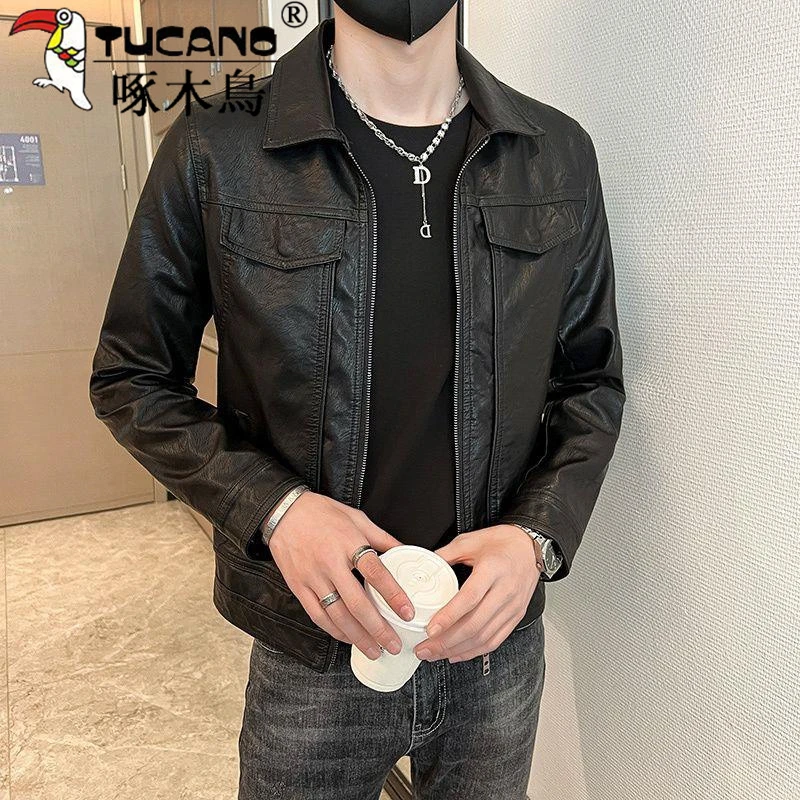 TUCANO/啄木鳥春秋季夹克男青年休闲百搭翻领PU皮衣韩版潮流外套