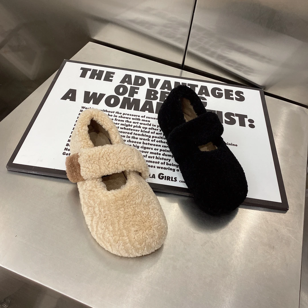 冬季豆豆鞋厚底时尚新款秋冬百搭魔术贴毛毛鞋女软底保暖加绒棉鞋