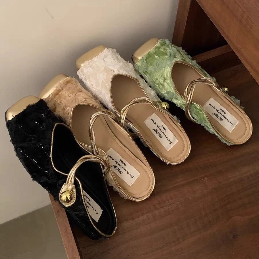 女士包头半拖鞋女夏季外穿方头亮片仙女晚晚鞋平底小香风尖头时尚