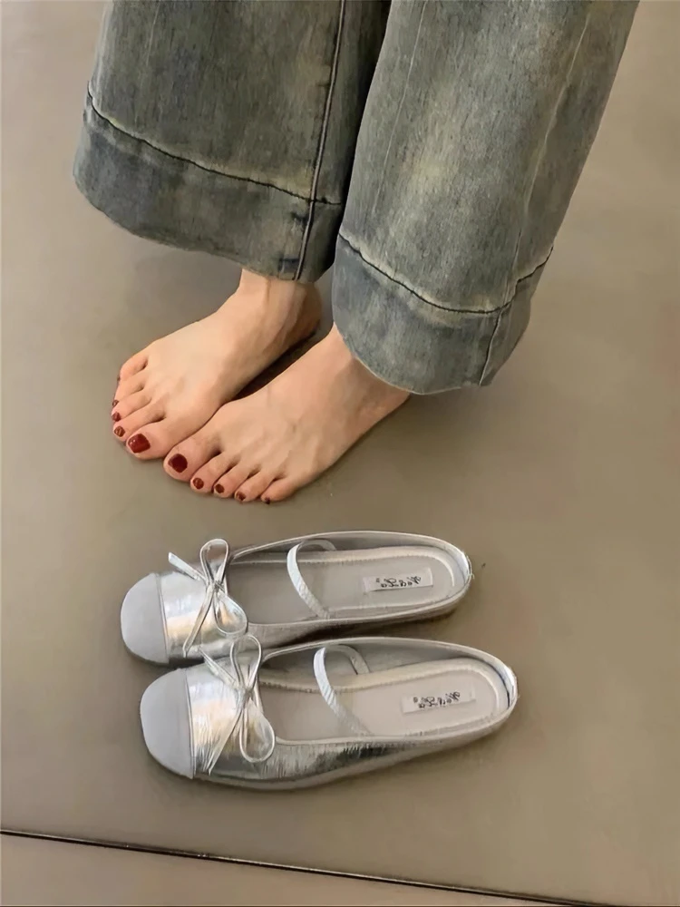 蝴蝶结芭蕾风软底防滑半拖鞋女外穿2024年厚底新款绸缎面夏季单鞋