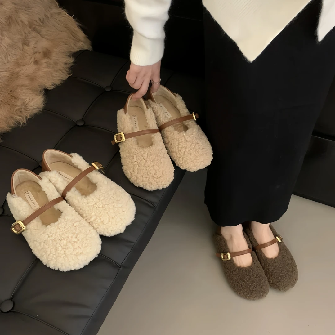加绒可爱毛毛鞋2023年新款甜美厚底风卷卷毛时尚软底一字带豆豆鞋