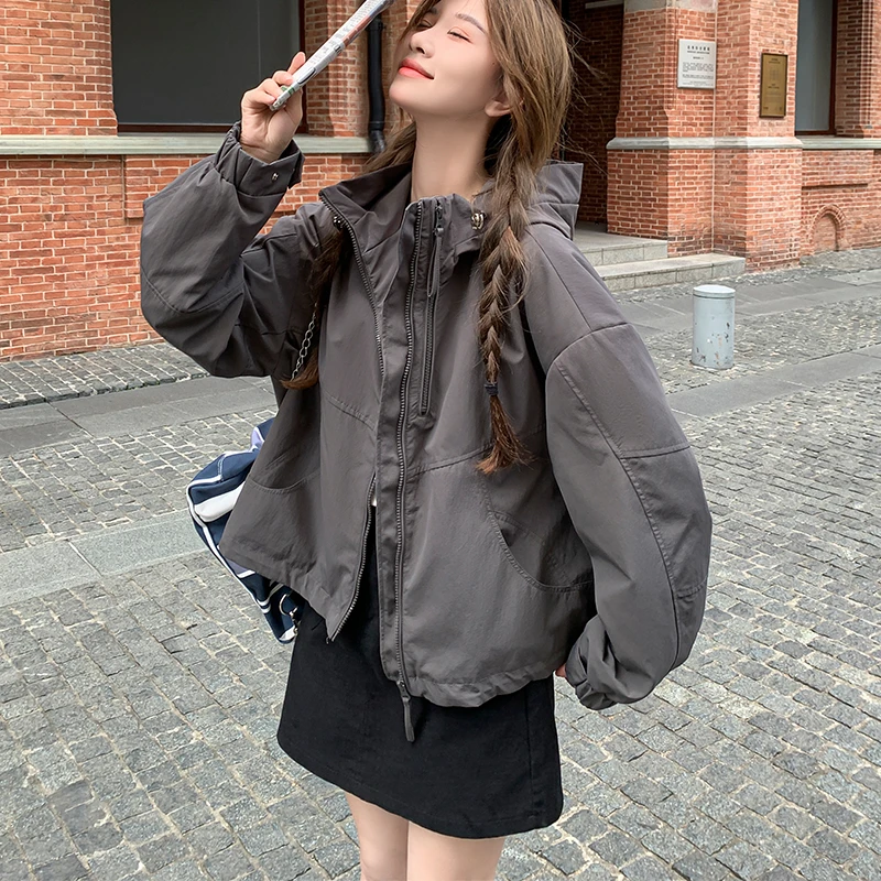 YUNMOM高级灰连帽短款外套时尚易搭学生春秋季宽松显瘦301Q8507