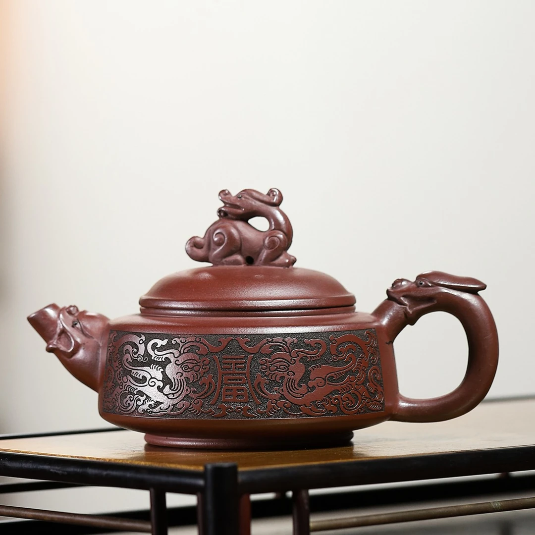 甄选高端手工紫砂茶壶 石红 龙凤祥瑞 300cc