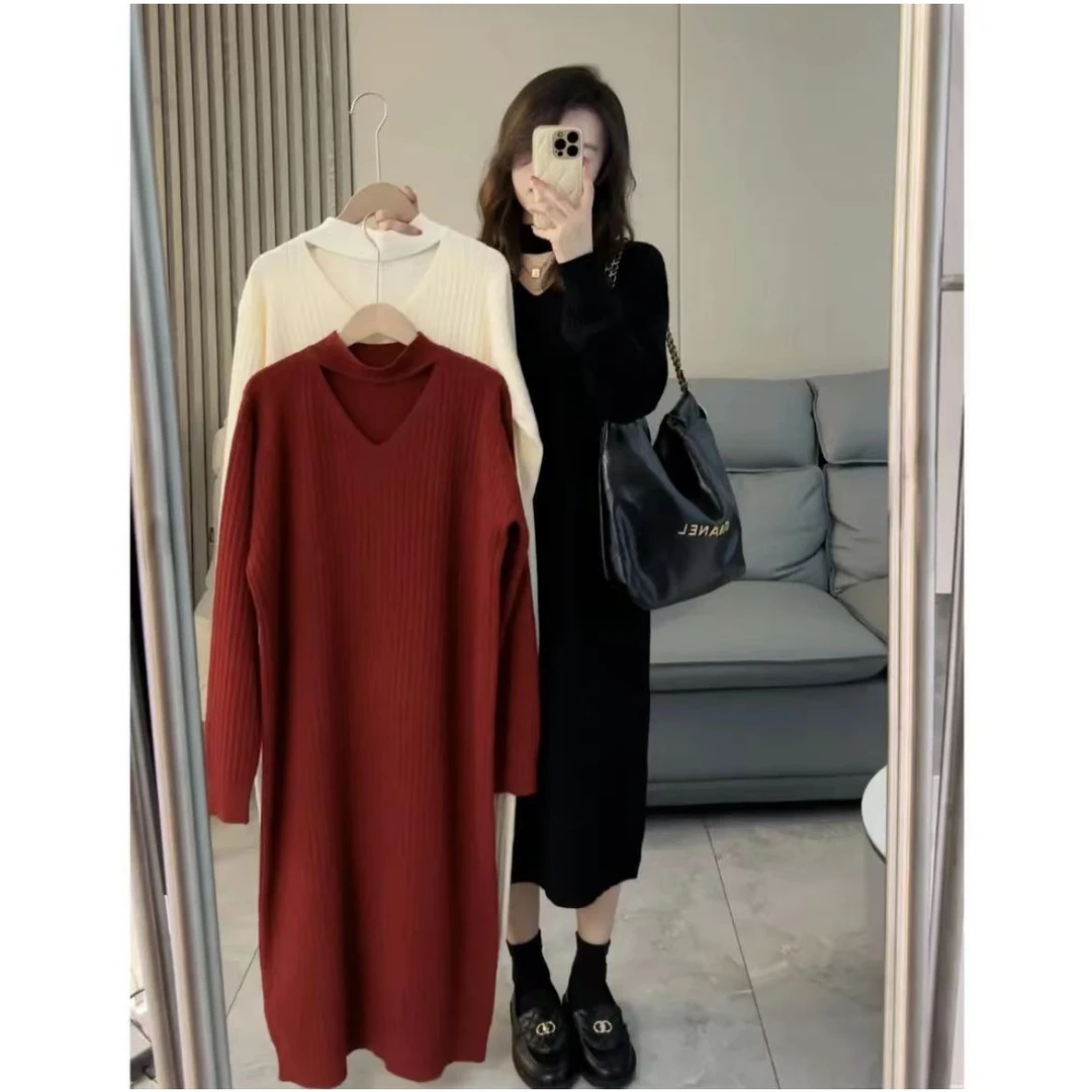 针织连衣裙女秋冬新款大码设计感镂空中长款显瘦遮肉内搭打底裙子