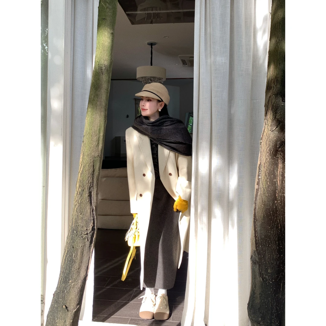 【赵小小yimao】76118 冬季新款中长款复古双排扣西装外套大衣外套