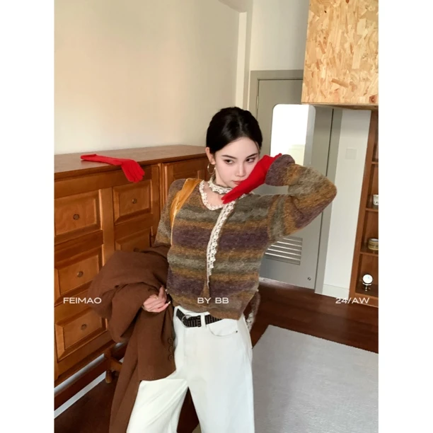 【赵小小yimao】10188 韩系撞色V领拼接蕾丝毛衣慵懒围脖针织上衣