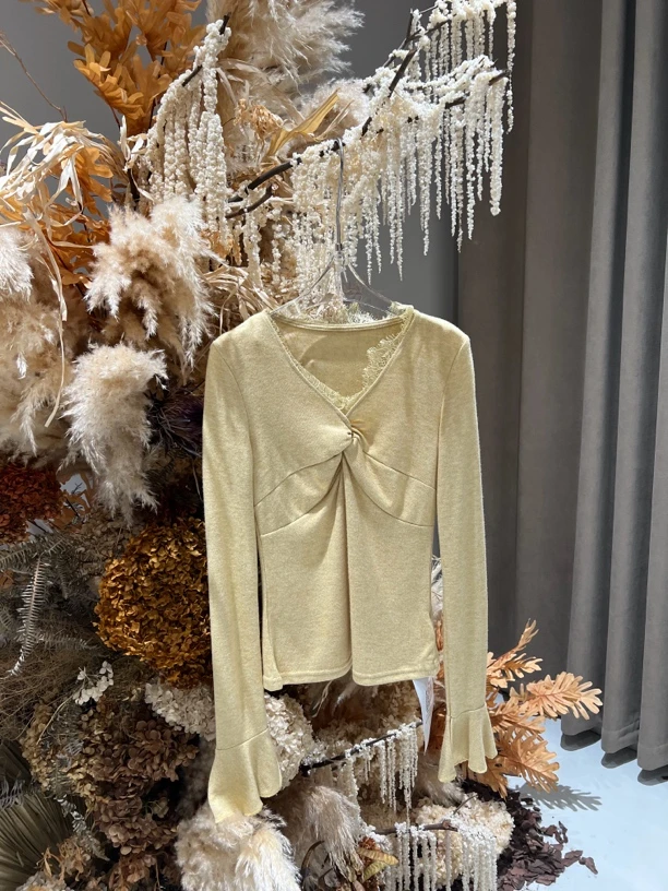 【赵小小yimao】75901 v领扭结蕾丝边毛针织衫高级感独特打底上衣