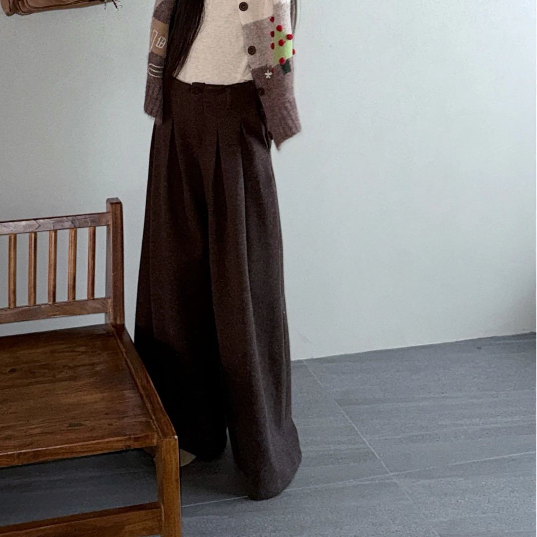 【赵小小yimao】76170 秋冬宽松阔腿高腰显瘦纯色气质压褶休闲长裤