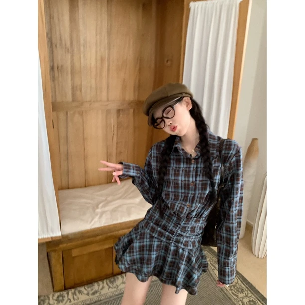 【赵小小yimao】75551 设计格纹翻领长袖慵懒系扣中长款连衣裙