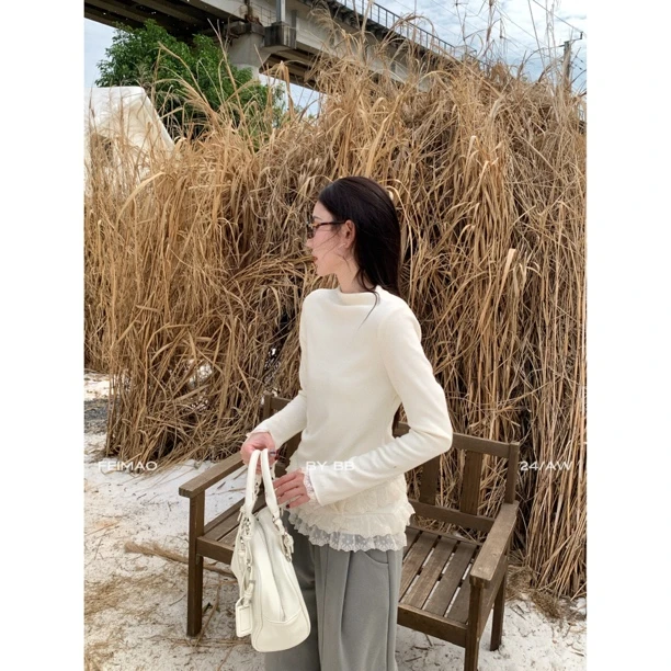 【赵小小yimao】76338 纯欲性感双层蕾丝半高领长袖显瘦抽绳上衣