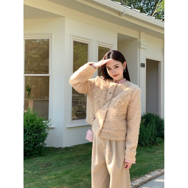 【赵小小yimao】76397 冬季韩版蝴蝶结毛毛中长款宽松保暖外套