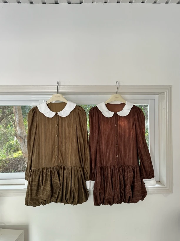 【赵小小yimao】76088 娃娃翻领咖色格纹拼接撞色韩版小个子连衣裙