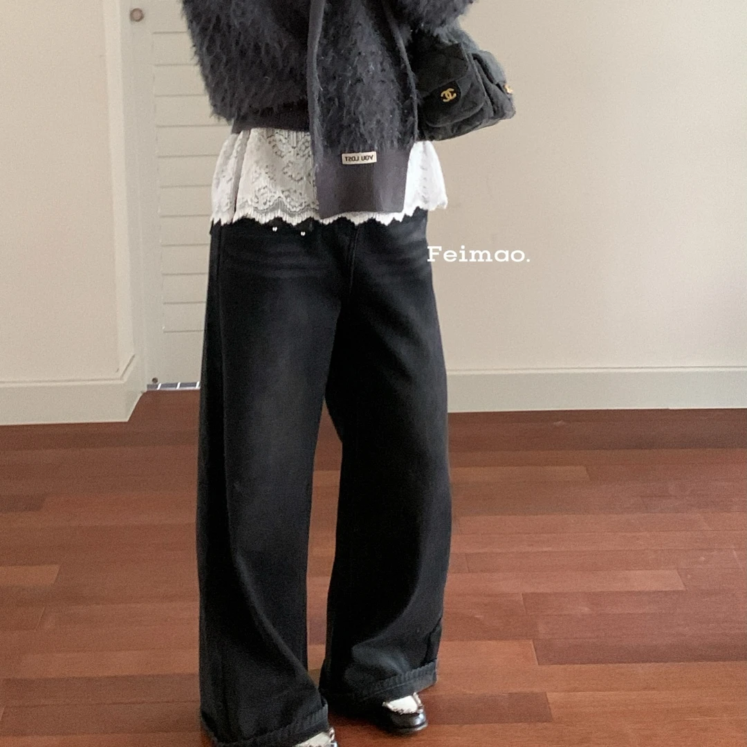 【白富美最爱的神裤】X-9581 加绒阔腿牛仔直筒拖地裤【配腰带+腰包】